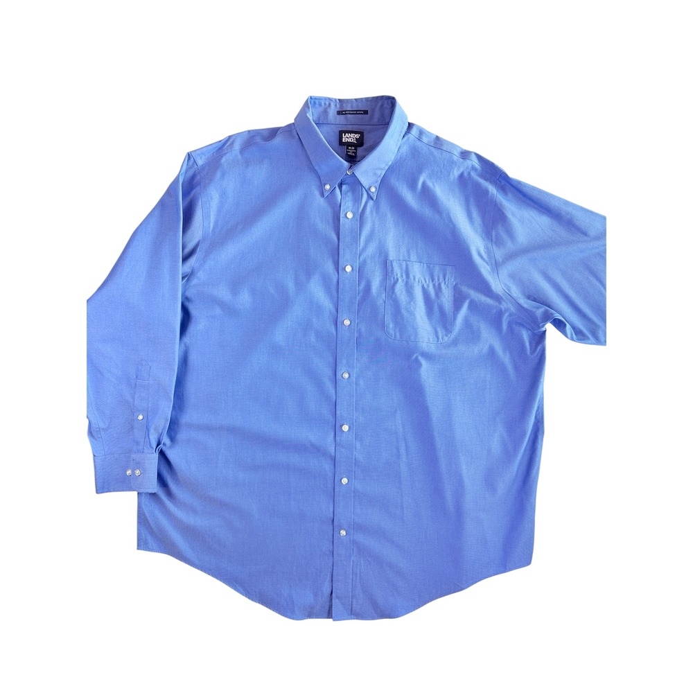 Lands' End Button Down Shirt Mens 19-35 Blue No Iron Pinpoint Oxford